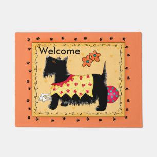 Black Scottie Dog Red Orange Welcome Custom Doormat
