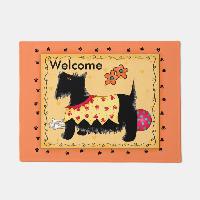 Black Scottie Dog Red Orange Welcome Custom Doormat (Front)