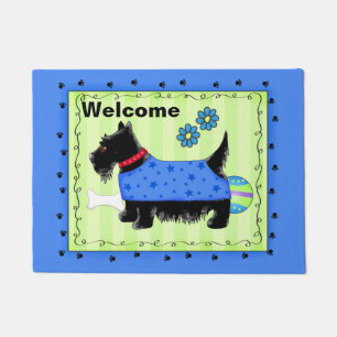 Black Scottie Dog Welcome Blue Green Custom Doormat