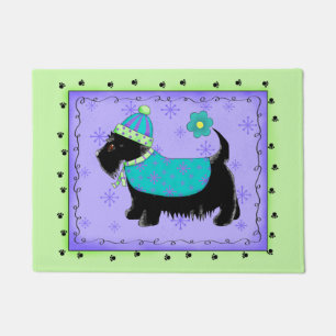 Black Scottie Dog Welcoming Lime Green Lavender Doormat