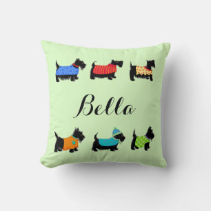 Black Scottie Dogs Name Personalised Green Cushion