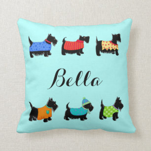 Black Scottie Dogs Name Personalised Turquoise Cushion