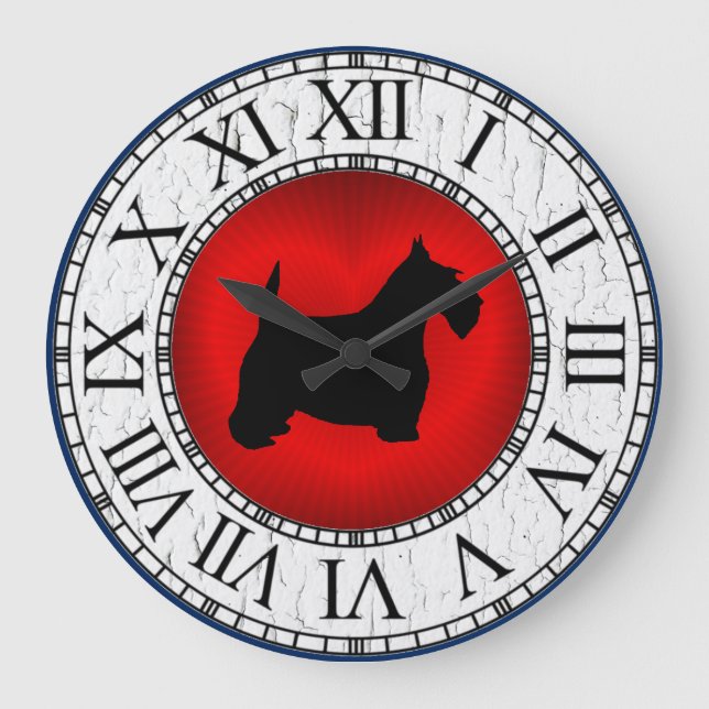 Black Scottie on Heart, Cracked Paint Large Clock (Front)