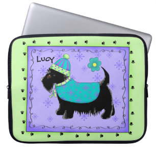 Black Scottie Terrier Dog Name Personalised Green Laptop Sleeve