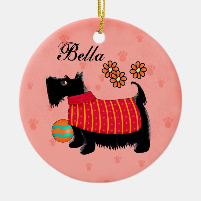 Black Scottie Terrier Dog Name Personalised Red Ceramic Tree Decoration (Front)