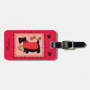 Black Scottie Terrier Dog Name Personalised Red Luggage Tag