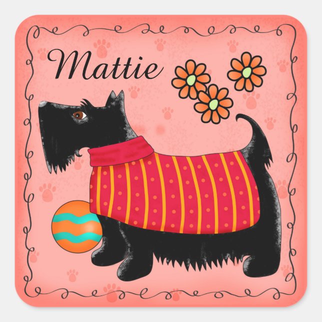 Black Scottie Terrier Dog Name Personalised Red Square Sticker (Front)
