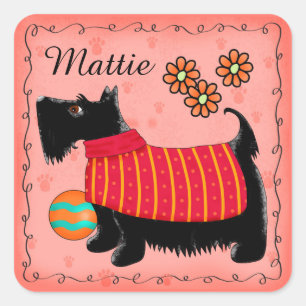 Black Scottie Terrier Dog Name Personalised Red Square Sticker