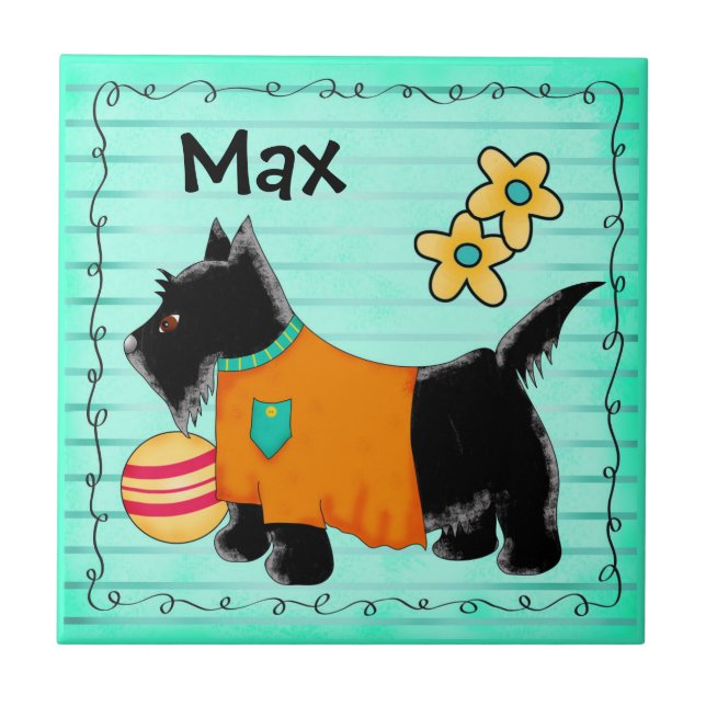 Black Scottie Terrier Dog Name Personalised Teal Ceramic Tile (Front)