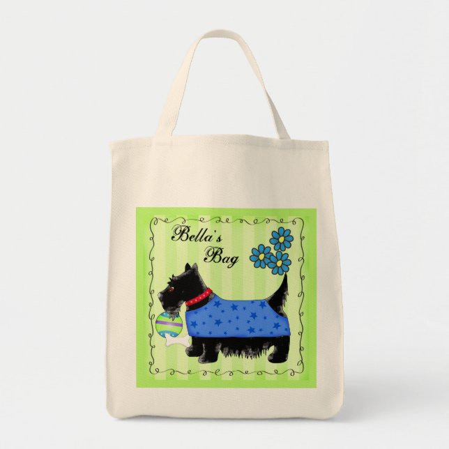 Black Scottie Terrier Dog Personalised Green Tote Bag (Front)