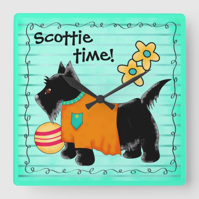 Black Scottie Terrier Dog Personalised Teal Green Square Wall Clock (Front)