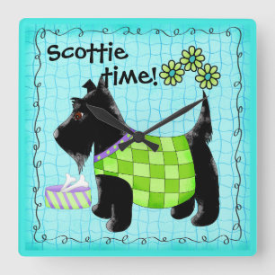 Black Scottie Terrier Dog Personalised Turquoise Square Wall Clock