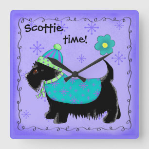 Black Scottie Time Dog Personalised Lavender Square Wall Clock