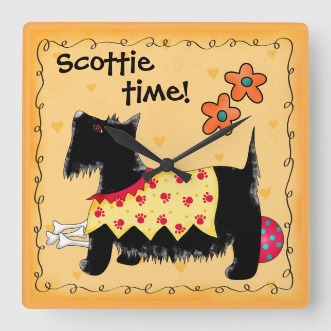Black Scottie Time Terrier Dog Personalised Yellow Square Wall Clock (Front)