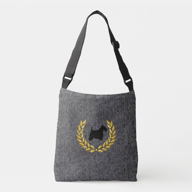 Black Scottie & Wreath Herringbone Crossbody Bag (Front)