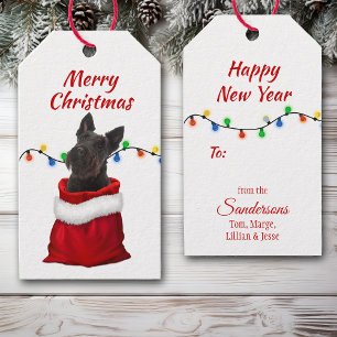 Black Scottish Terrier in Santa Bag Gift Tags