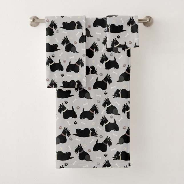 Black Scottish Terrier Paws and Bones Bath Towel Set (Insitu)