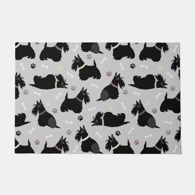 Black Scottish Terrier Paws and Bones Doormat (Front)