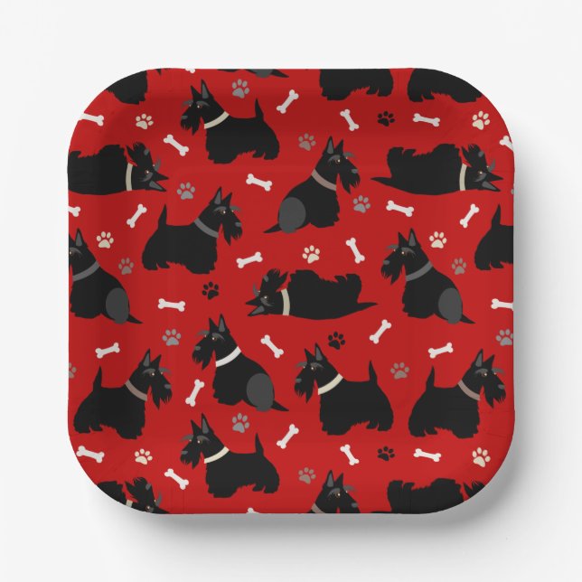 Black Scottish Terrier Paws and Bones Paper Plate (Front)