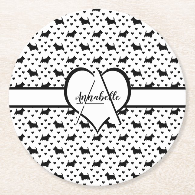 Black Scottish Terriers (Scottie Dogs) - White Round Paper Coaster (Front)