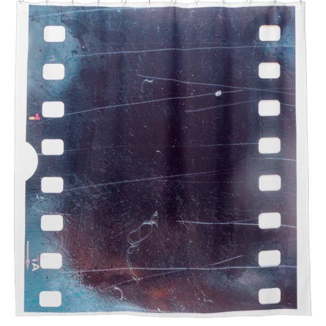 black scratched 35mm film frame, emulsion texture shower curtain (Front)