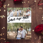 Black Script 4 Photos Wedding Save Our Date Announcement Postcard<br><div class="desc">Wedding save the date postcard you can personalise with four of your own photos,  three smaller and one larger. Save our date is written diagonally across the postcard in a black script. Add your names and wedding date in a clean font.</div>