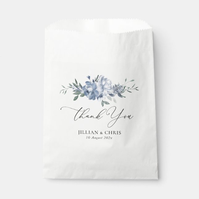 black script dusty blue floral wedding favour bag (Front)