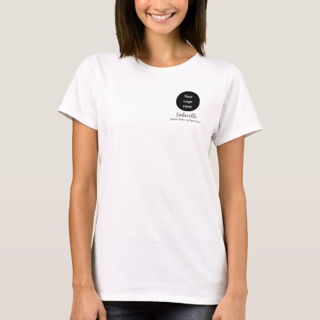 Black Script Employee Name Business Logo Make-up T-Shirt (Front)