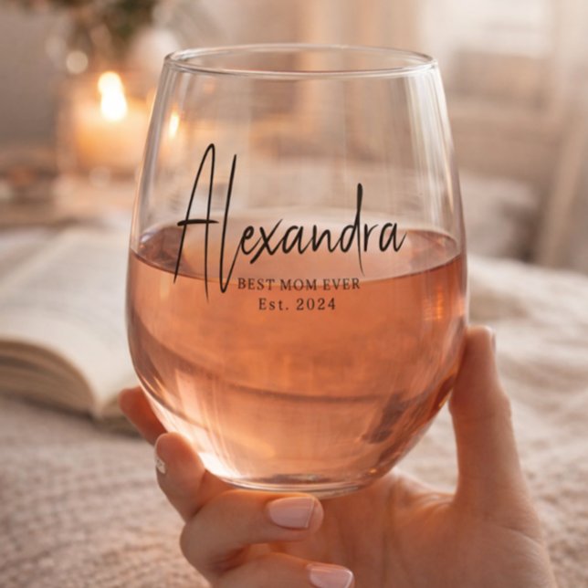 Black Script Established Best Mum Ever Custom  Stemless Wine Glass (Creator Uploaded)