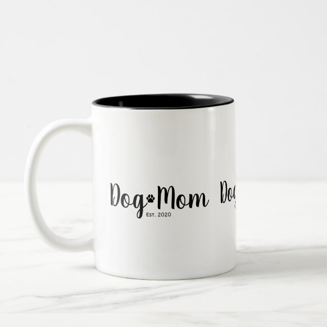 Black Script Established Dog Mom  Two-Tone Coffee Mug (Left)