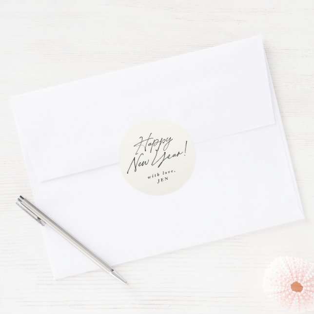 Black Script Font Happy New Year Classic Round Sticker (Envelope)