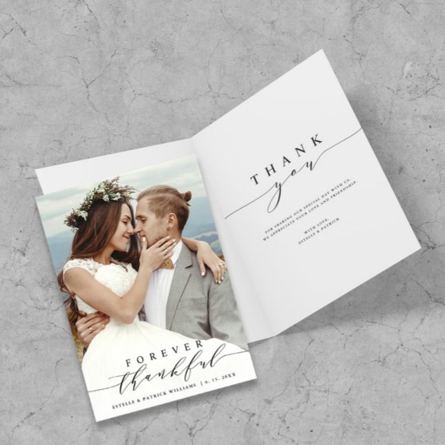 Black Script Forever Thankful Wedding Photo  Thank You Card (Front & Inside)