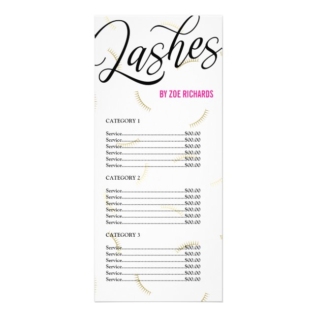 Black Script & Gold Lashes Price List Rack Card (Front)