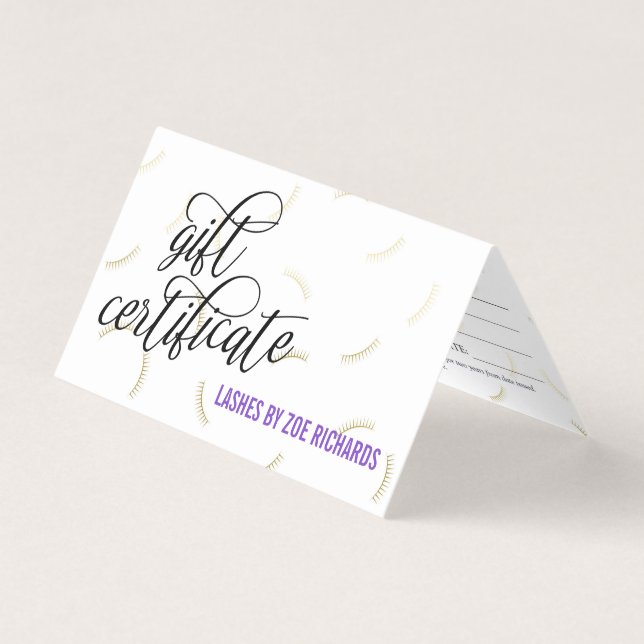 Black Script & Gold Lashes Purple Gift Certificate (Front)