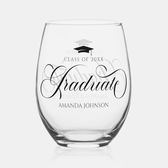 Black Script Graduate Name Graduation Stemless Wine Glass (Front)