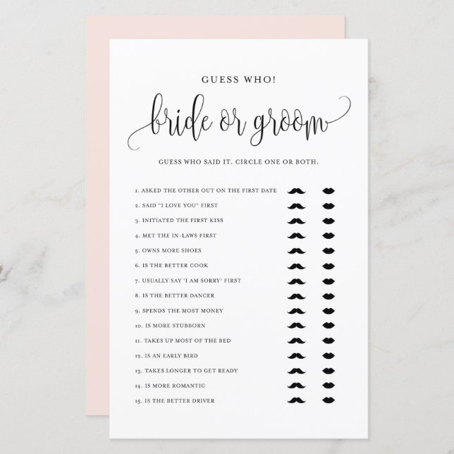 Black Script Gues Who Bride or Groom Shower Game (Front/Back)