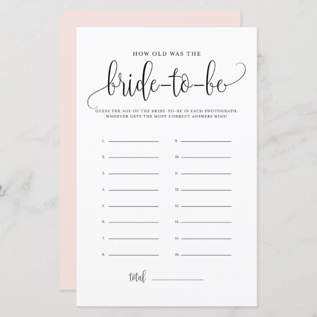 Black Script How Old Was the Bride Shower Game (Front/Back)