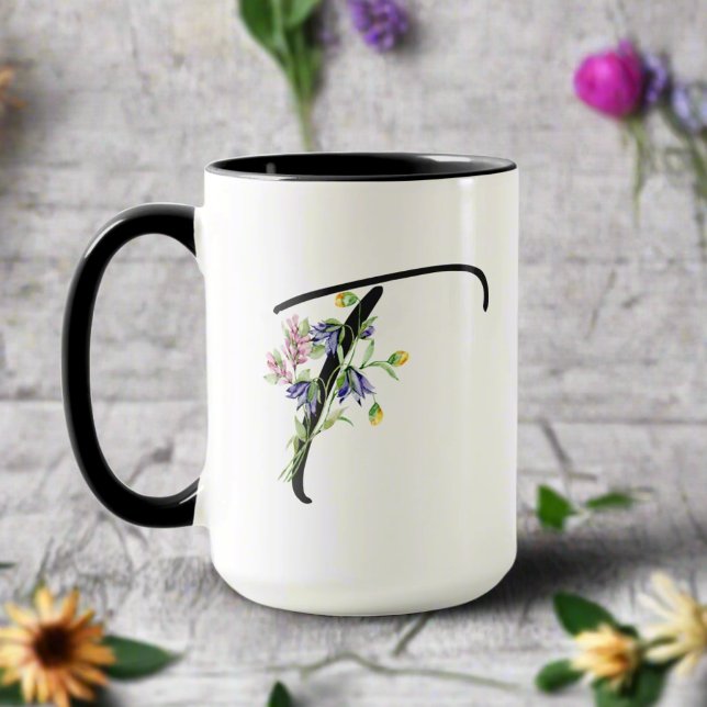 Black Script Letter "T" Colourful Wildflowers  Mug (Creator Uploaded)