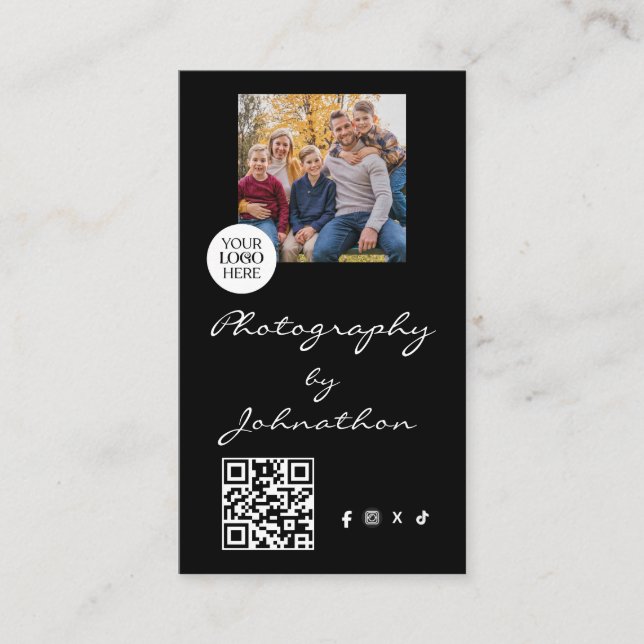 Black Script Logo QR Code Photo Photography Business Card (Front)