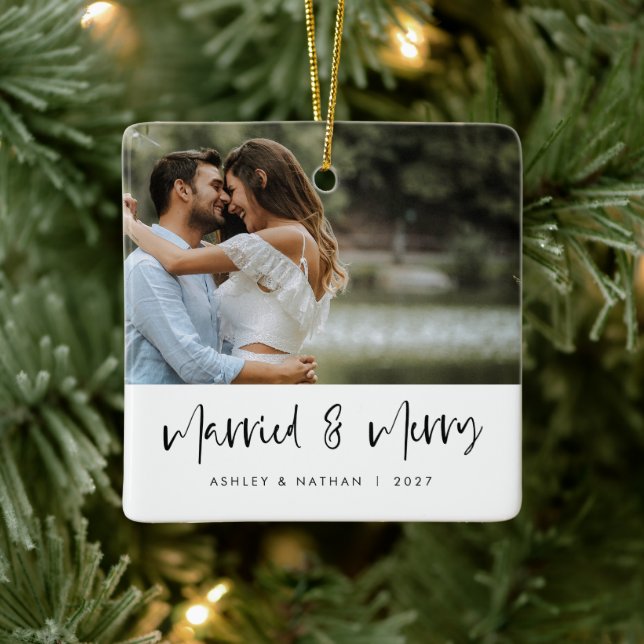Black Script Married & Merry White Photo Ornament (Tree)