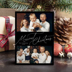 Black Script Merriest Christmas Family 3 Photo Holiday Card