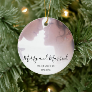 Black Script Merry and Married Photo Newlywed Ceramic Ornament