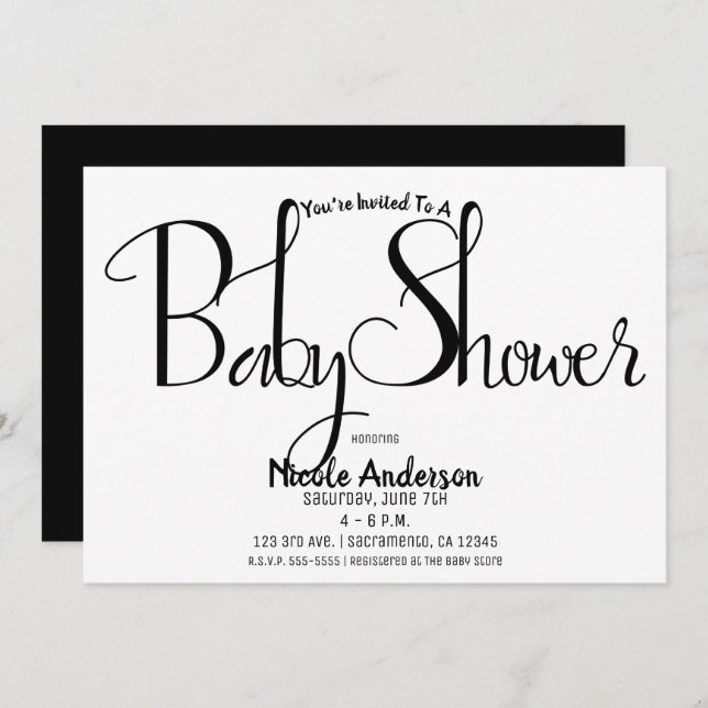 Black Script Modern Minimal Baby Shower Party Invitation (Front/Back)