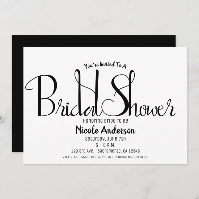 Black Script Modern Minimal Bridal Shower Invitation (Front/Back)