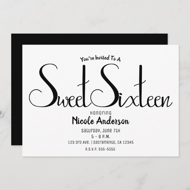 Black Script Modern Minimal Sweet Sixteen 16 Party Invitation (Front/Back)