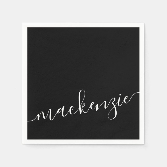 Black Script Modern Personalised Name Party Napkin (Front)