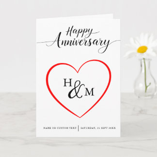 Black Script Monogram Heart Happy Anniversary Card