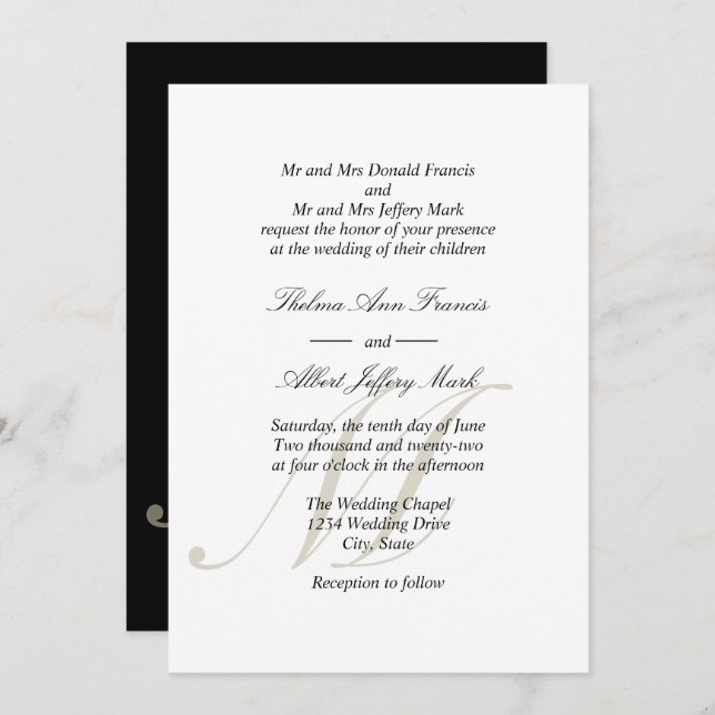 Black Script Monogram Parents Wedding Invitations (Front/Back)