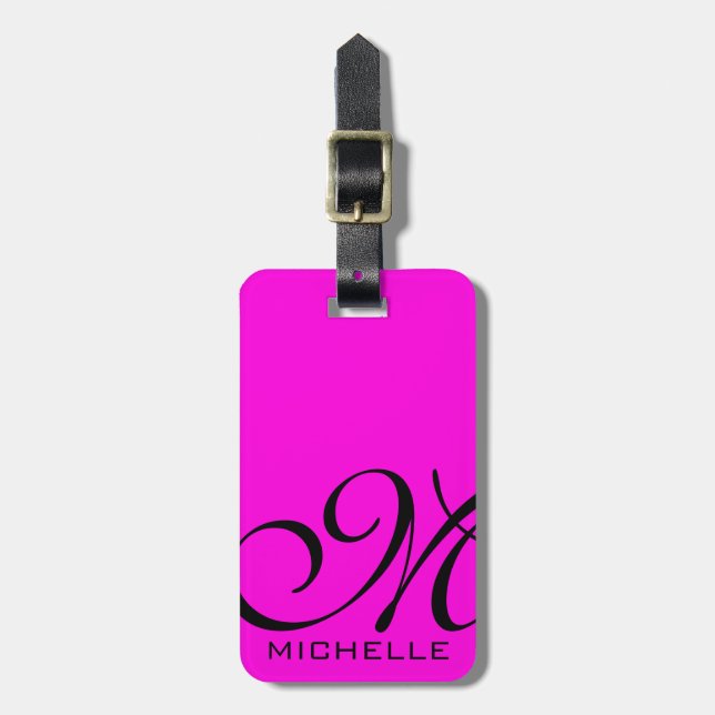Black Script Monogrammed Pink Luggage Tag (Front Vertical)