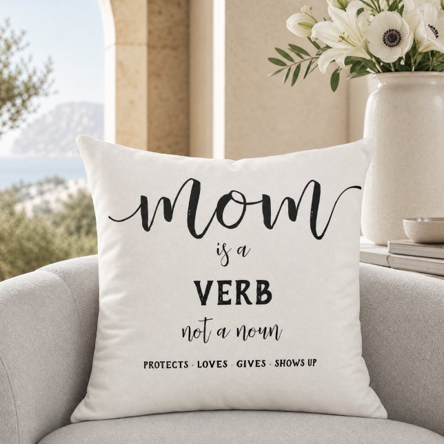 Black Script Mum Is a Verb Motherhood Quote Cushion (Creator Uploaded)